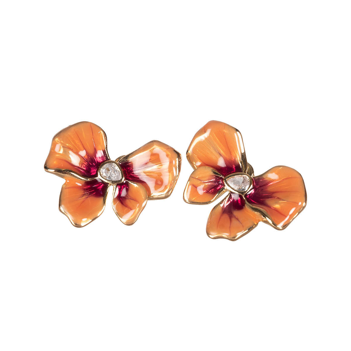 Two Stud Earrings in peach colour with a splash of hot pink colour and a zirconium centre