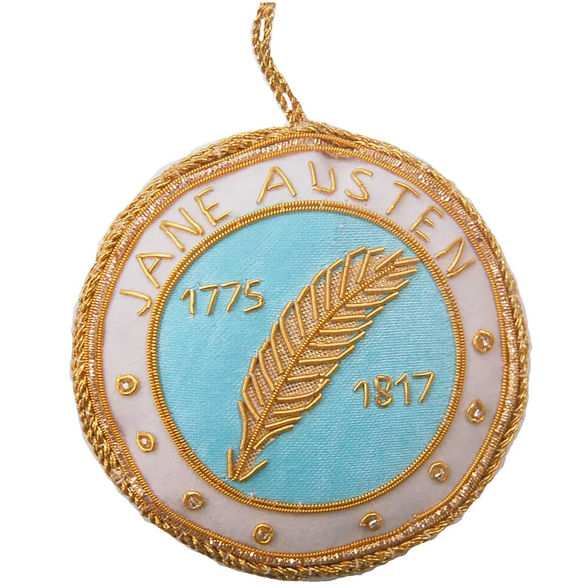 Fabric roundel hanging decoration Featuring jane Austen text and a feather quill decoration