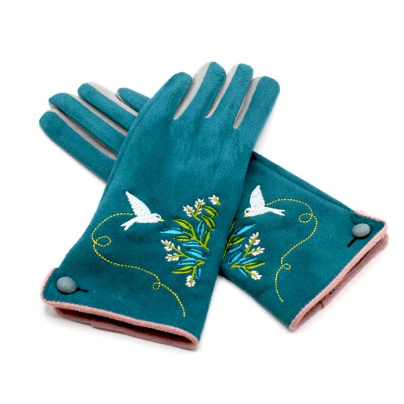 Teal-coloured gloves with embroidered flowers and bird details.