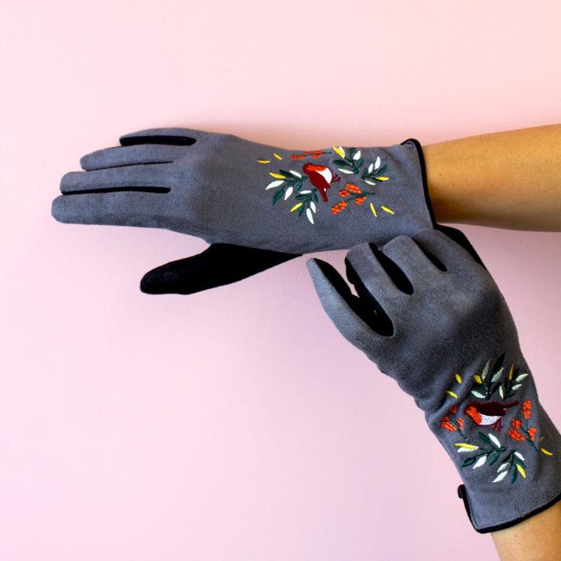 Grey-coloured gloves with an embroidered robin and foliage details.