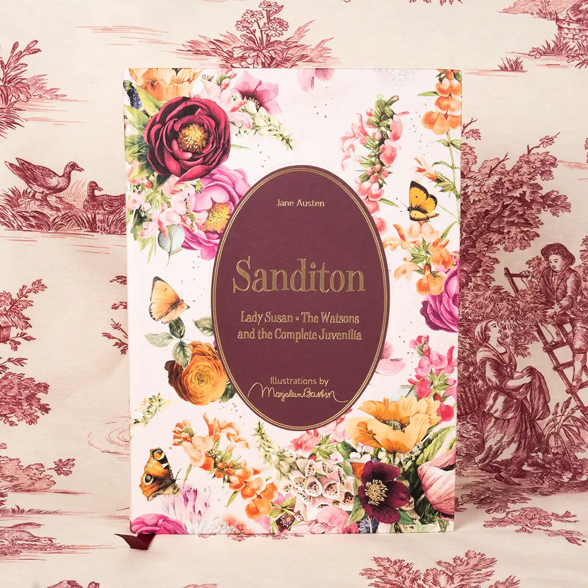 Book cover of 'Sanditon' by Jane Austen with floral design and illustrations on a decorative background.
