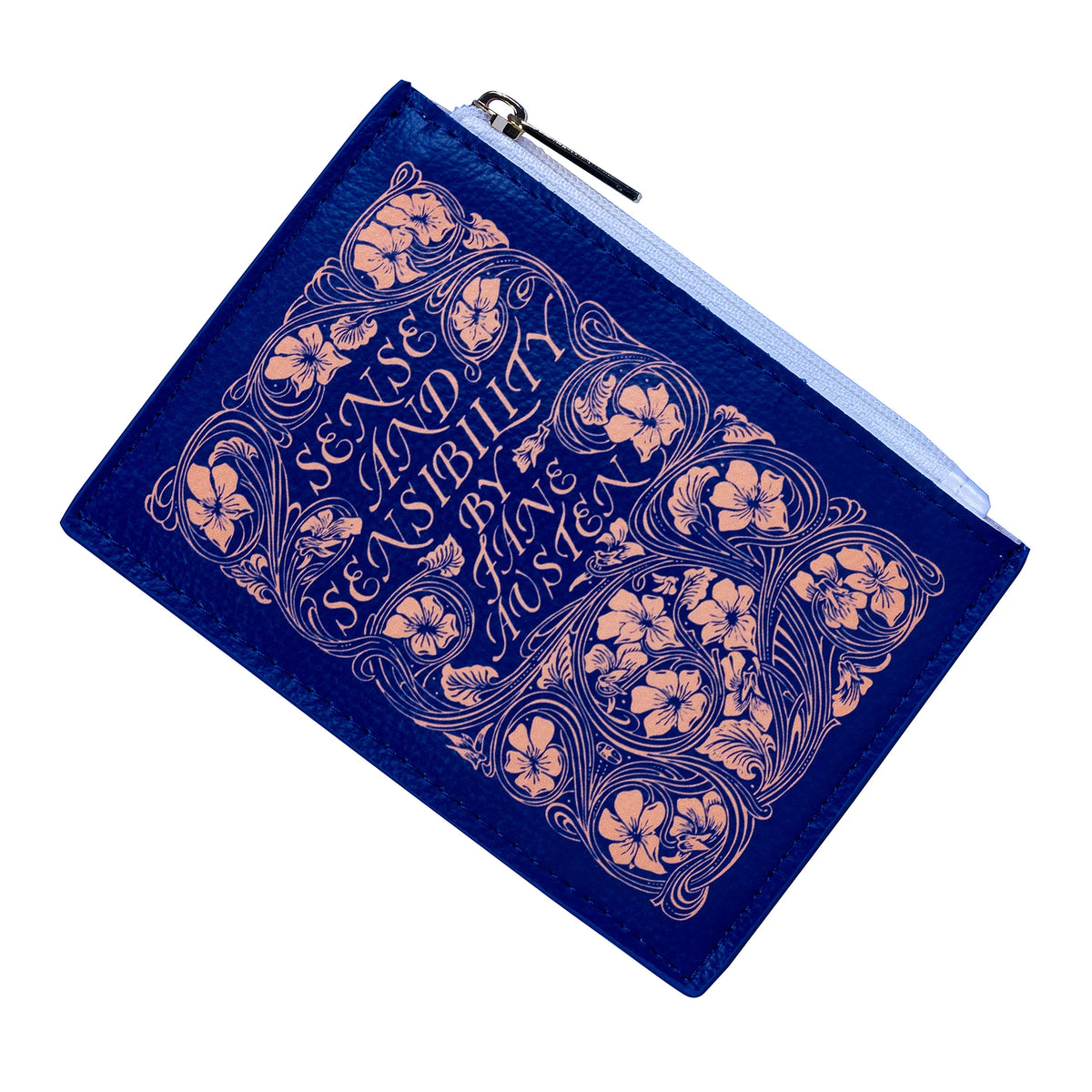 A blue coin purse with gold floral designs and text, representing the cover of the book 'Sense and Sensibility'.