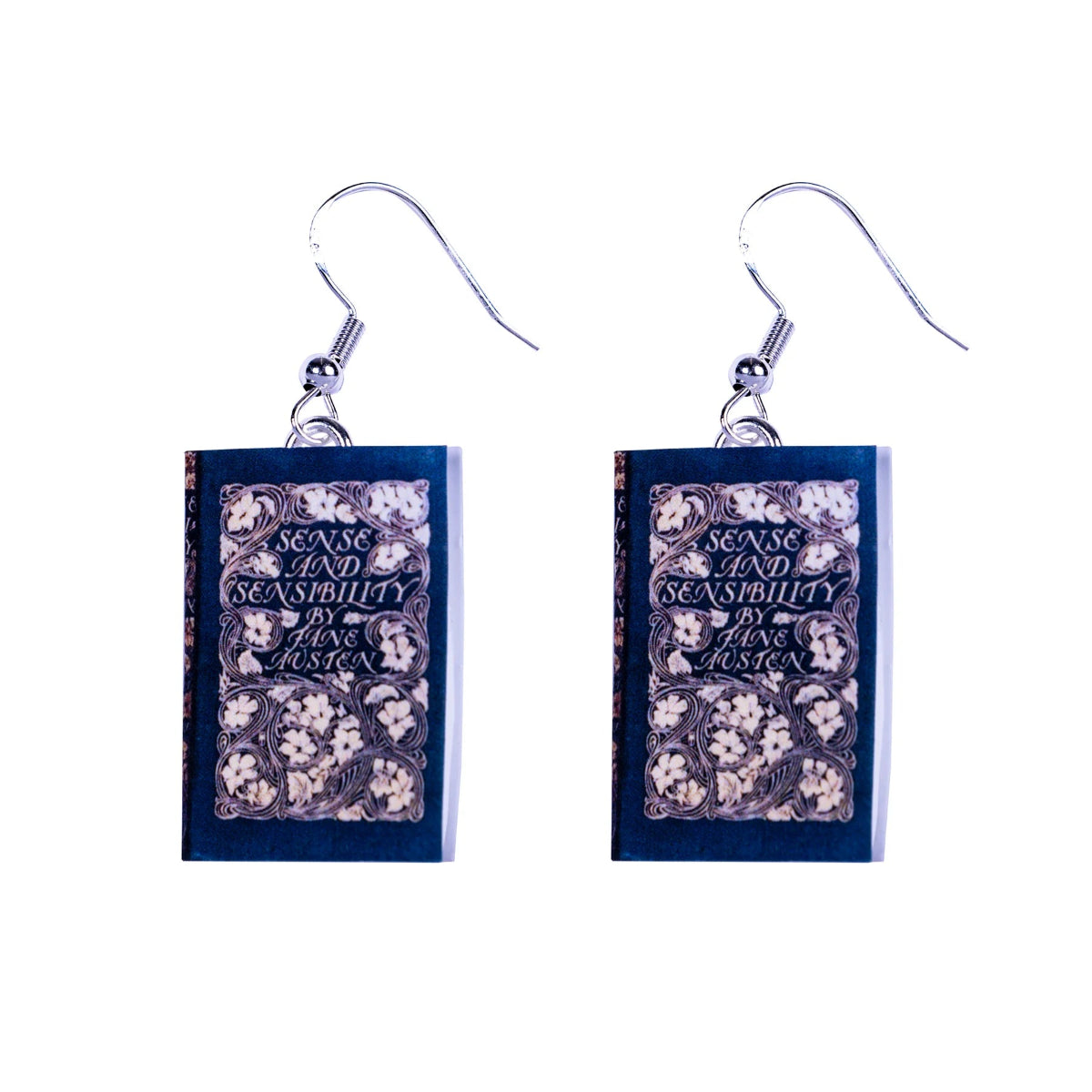 A pair of silver-plated hook earrings designed to resemble miniature books with 'Sense & Sensibility' text and floral patterns on the cover.
