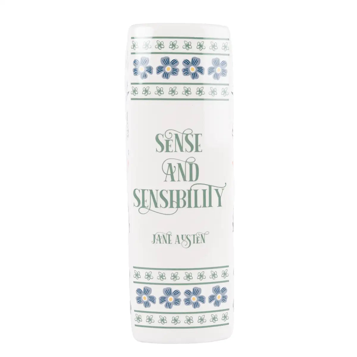 Vase book spine decorated in blue and green flower illustrations
