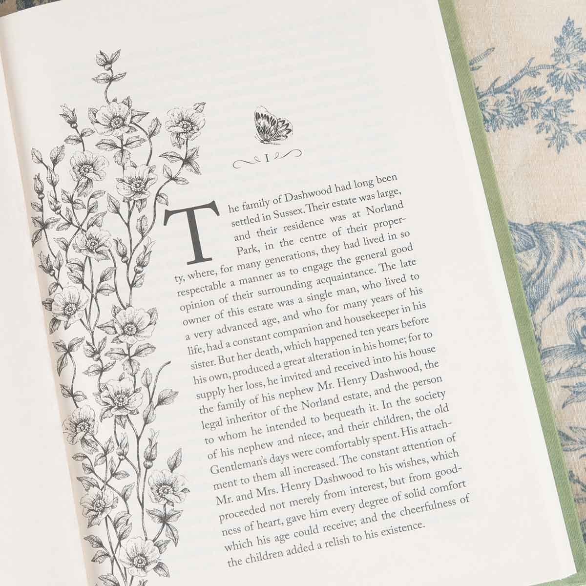 Chapter 1 decorated with illustrations of blossoming flowers and a butterfly