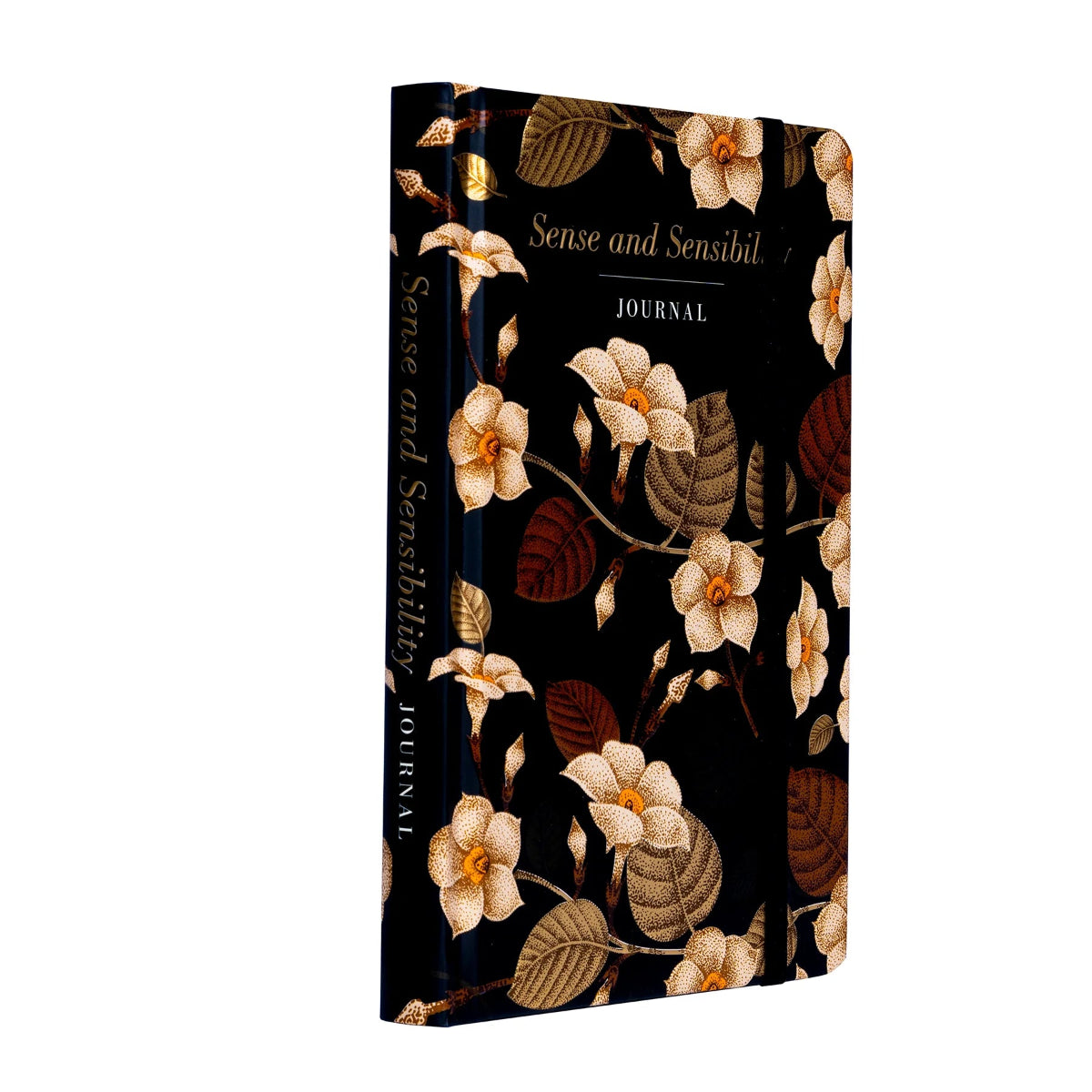 A black reading journal with a floral design on the cover, titled 'Sense and Sensibility Journal', turned to show some of the spine.