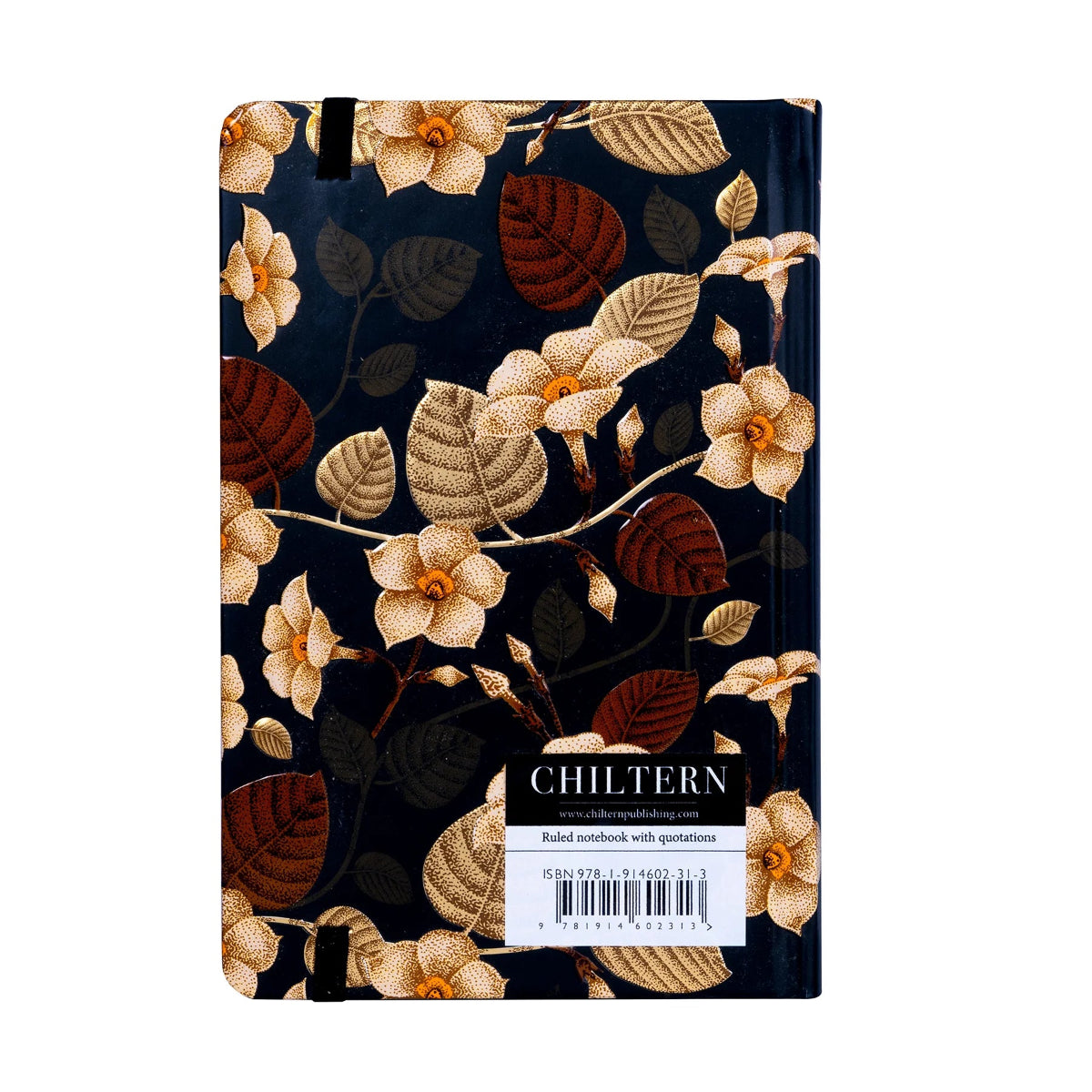 A black reading journal with a floral design on the cover.