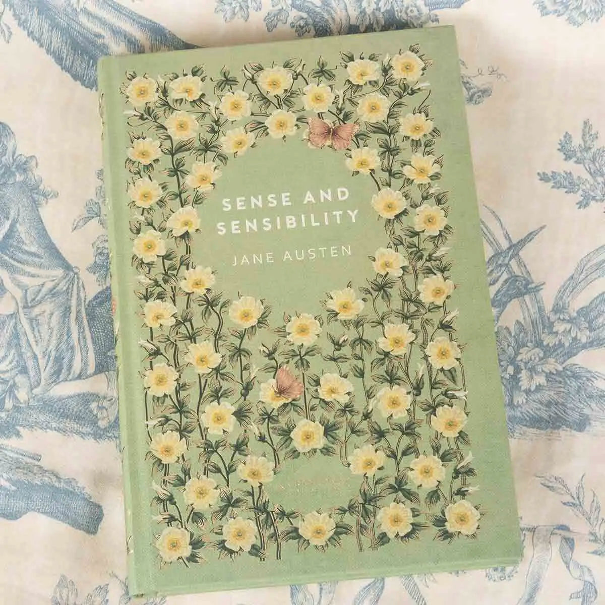 front cover of sense and sensibility by jane austen with flowers and butterflies against a white and blue regency background