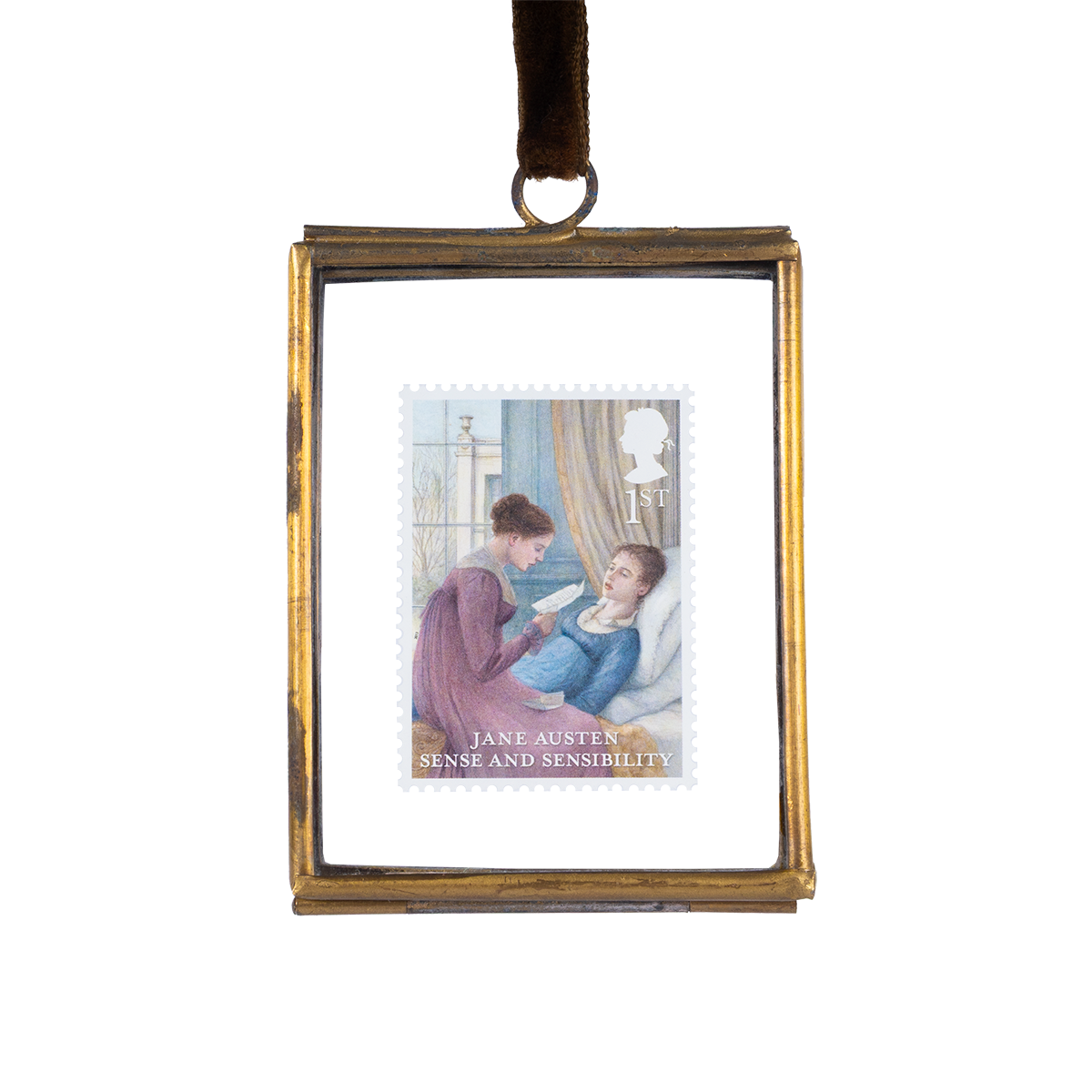 A framed limited edition commemorative stamp featuring the Dashwood Sisters, from Jane Austen's novel Sense and Sensibility