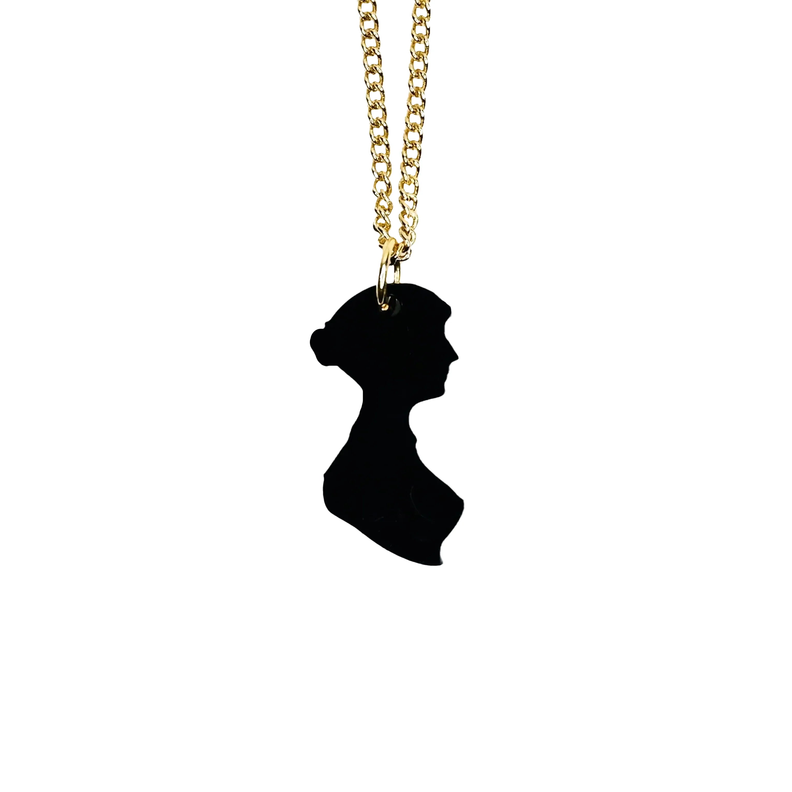 Black acrylic necklace on a gold chain in the shape of Jane Austen's silhouette