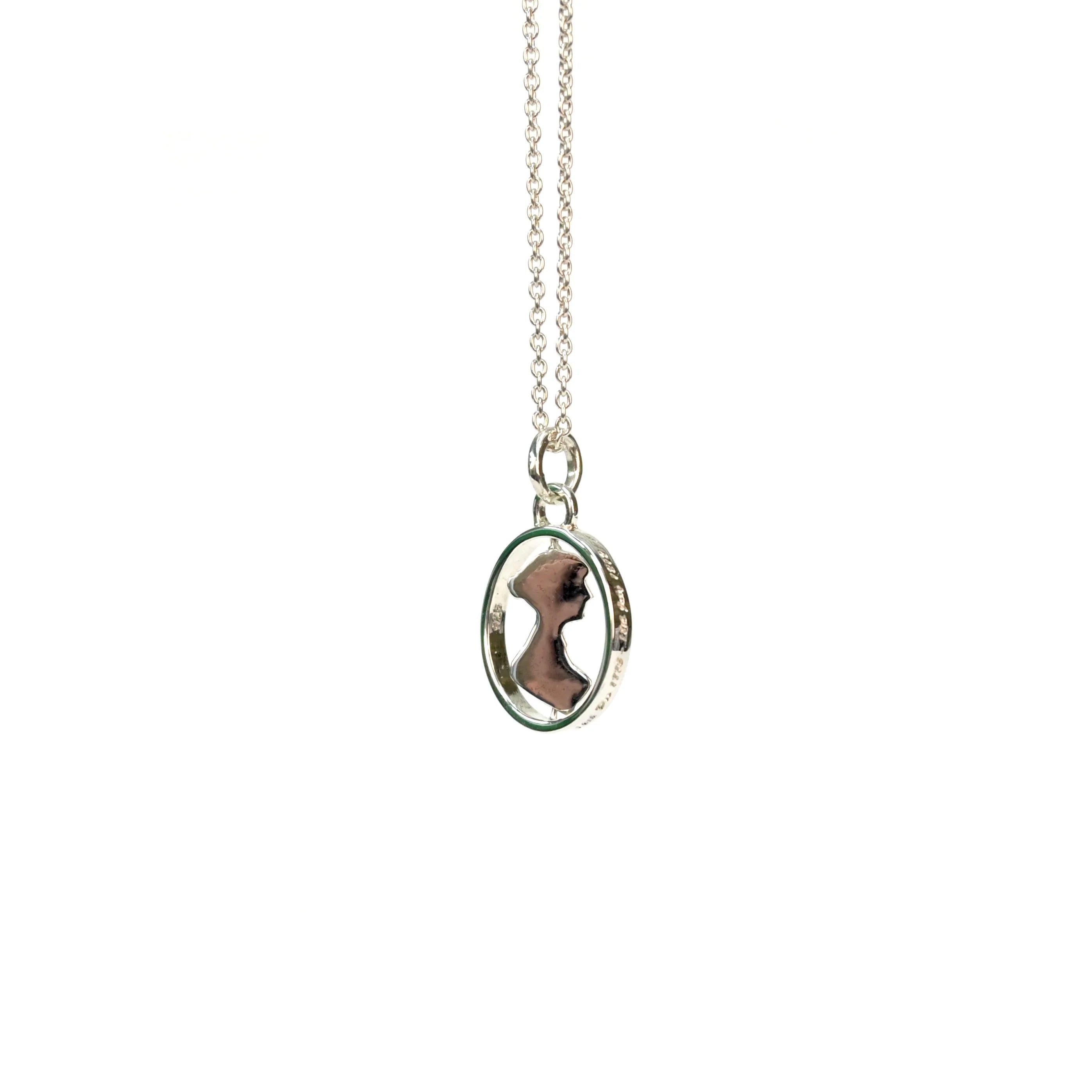 Silver Spinner Necklace showing Jane Austen's Silhouette 