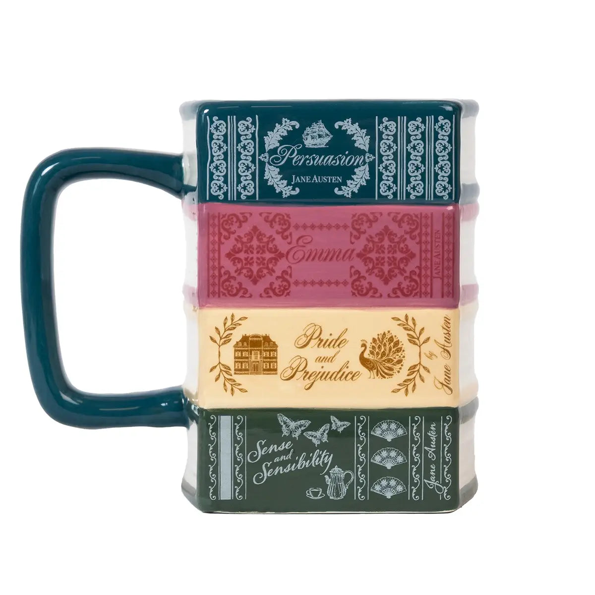 Ceramic mug designed to look like 4 classic editions of jane austen novels