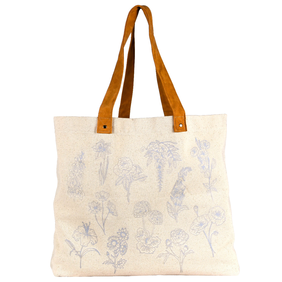 Close up of the tote bag with the outline of flowers upon it.