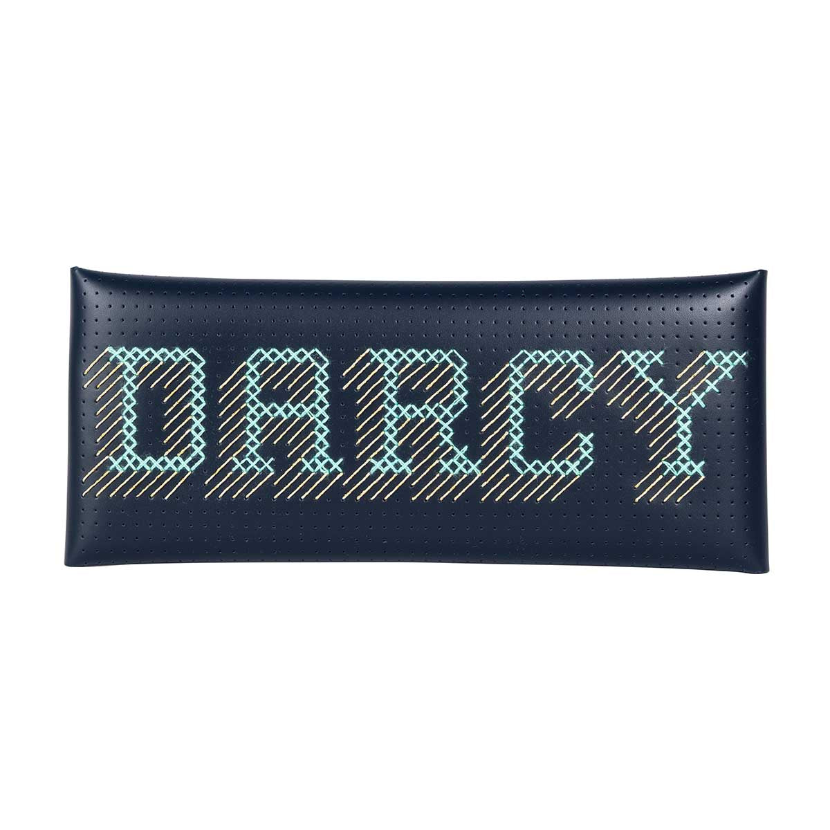 Glasses case with Darcy stitched onto it in 3D lettering