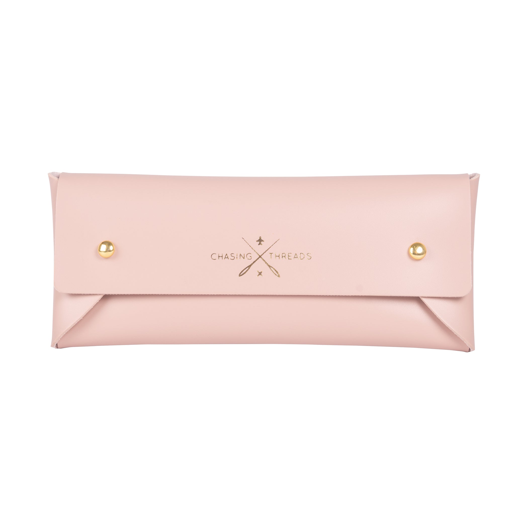 Pink Glasses case with  Chasing Threads logo  in Gold