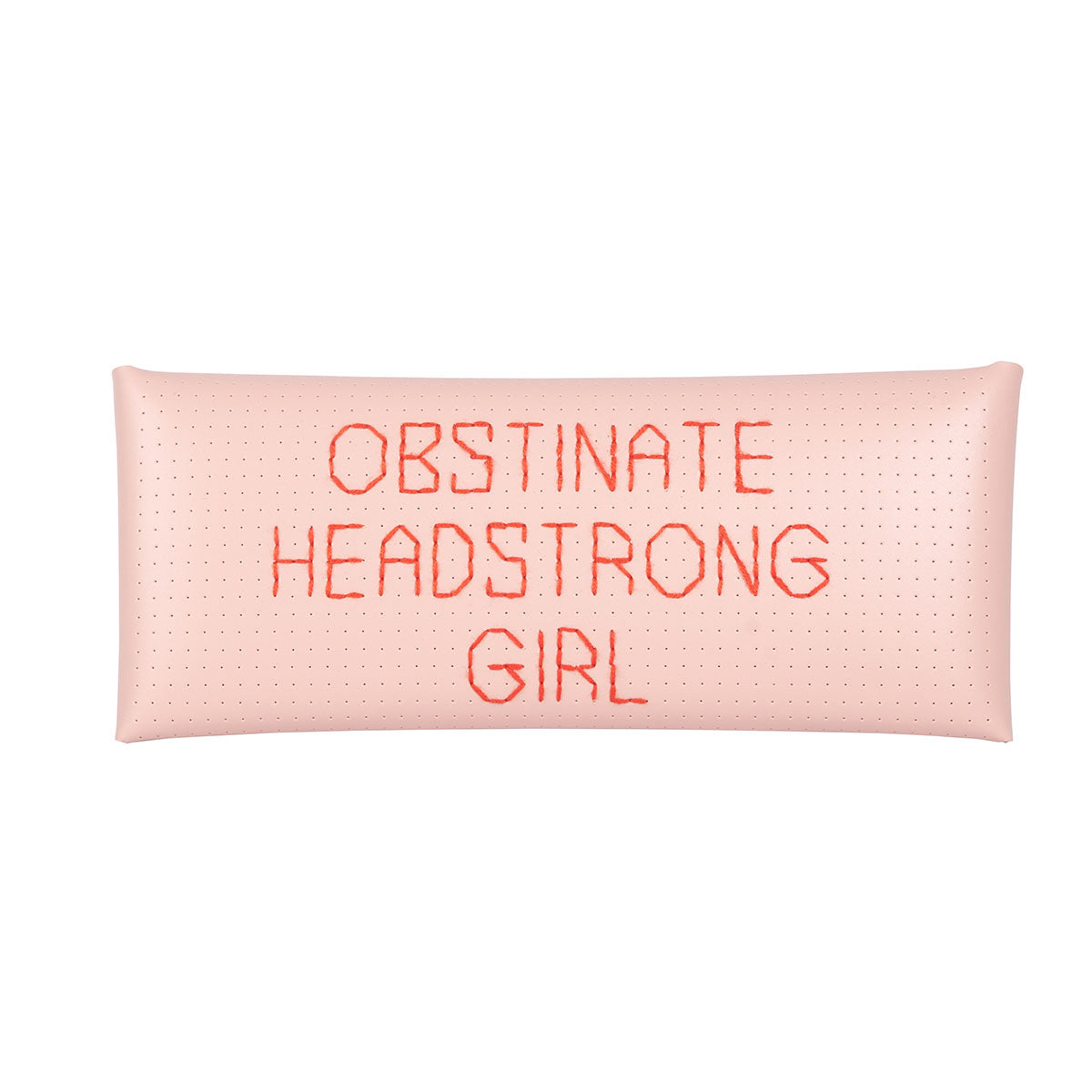 Pink Glasses case with  Obstinate,Headstrong Girl stitched onto it in red lettering