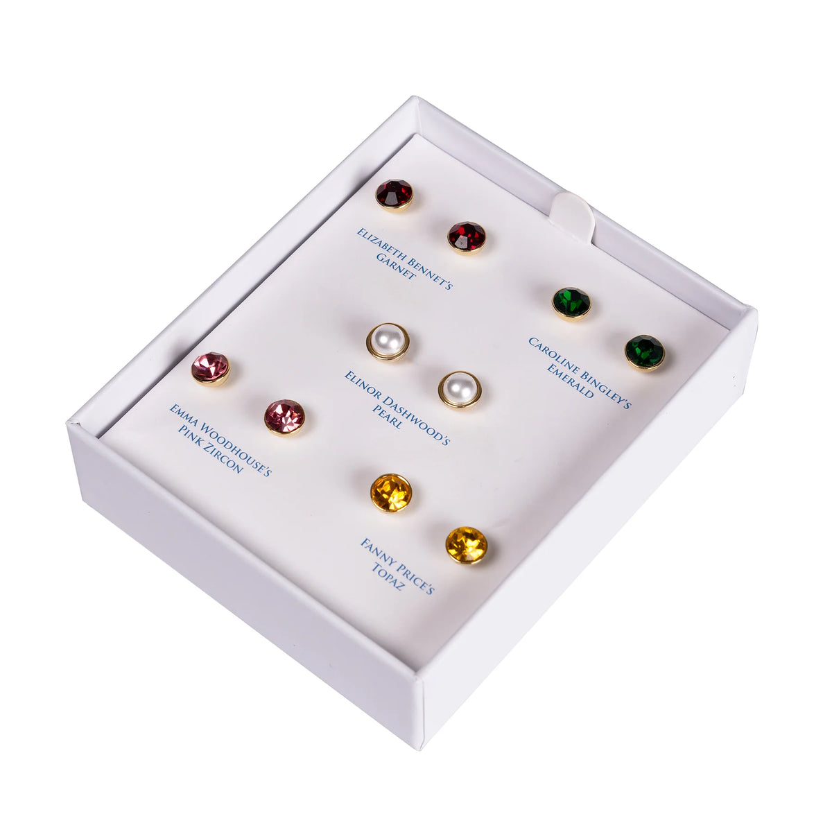 Jane Austen earring box with five pairs of gemstone earrings with character names