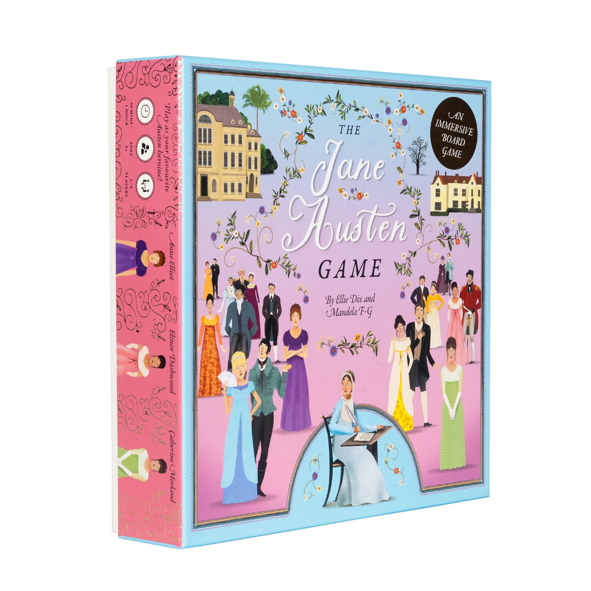 A view of the Jane Austen board game box which includes one of the sides of the box. 