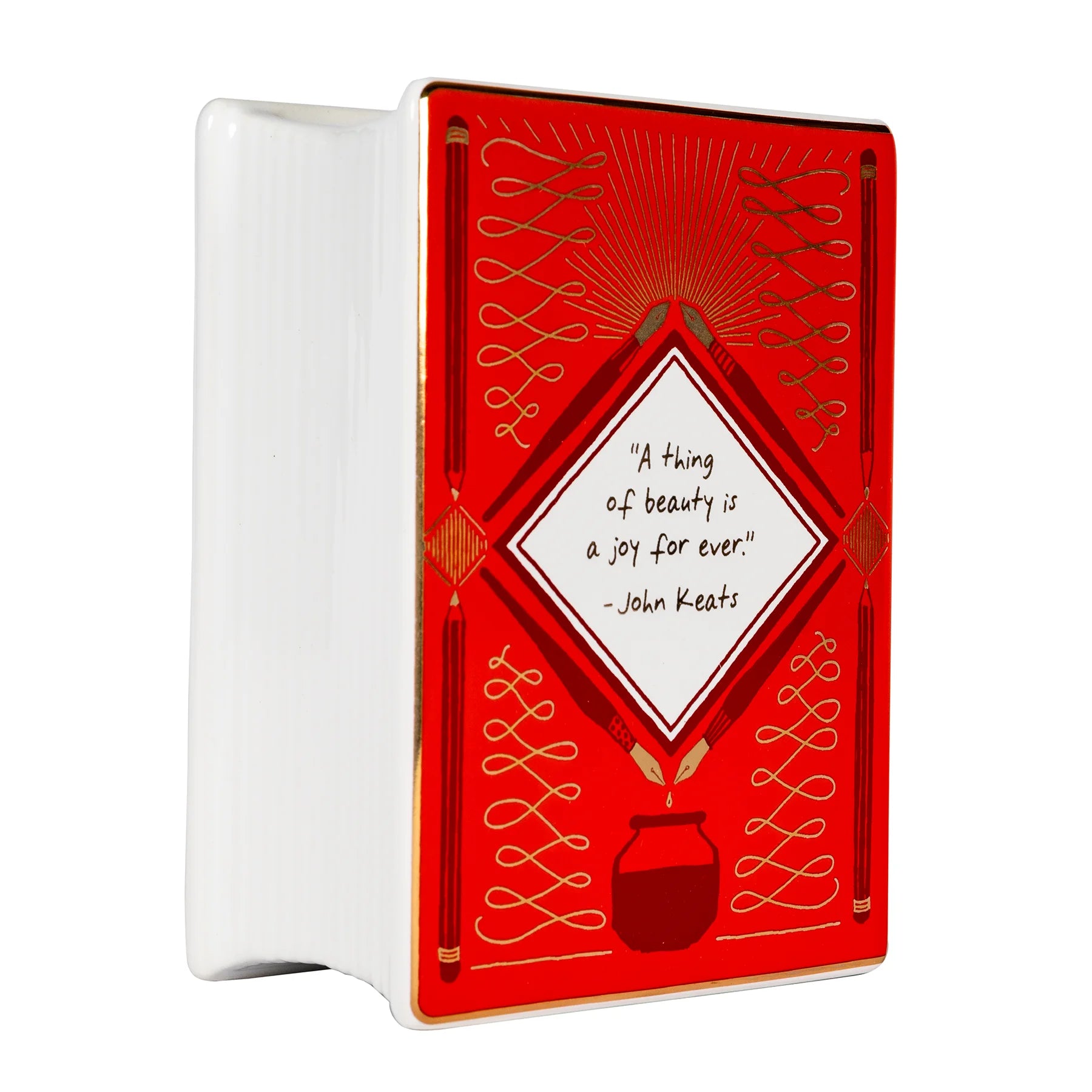 De bijbehorende keramische boekpen van de schrijver