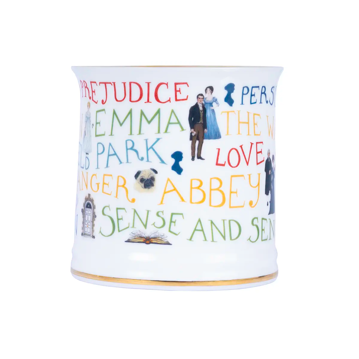 limited edition mug featuring the titles of Jane Austen's novels and illustrations of her characters