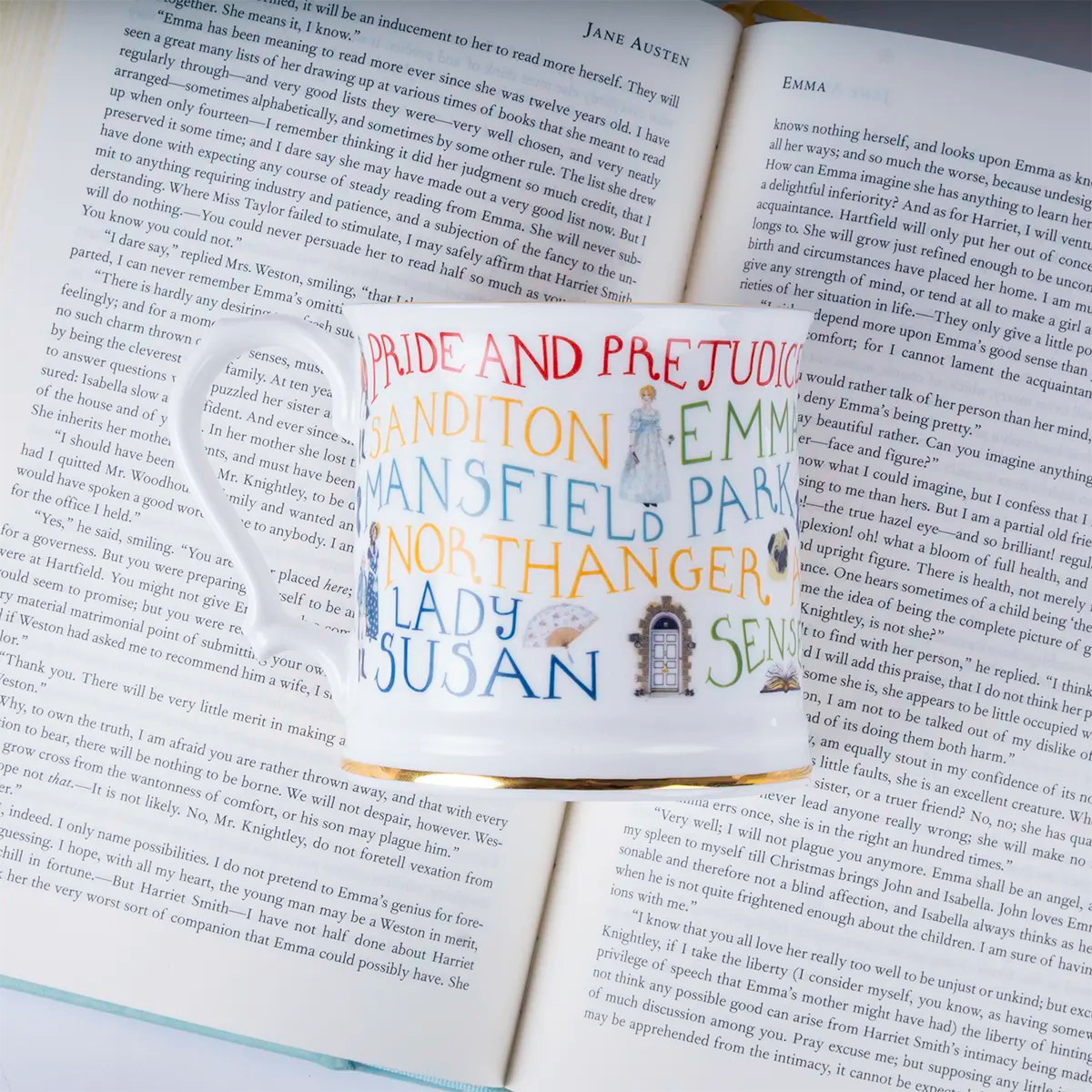 limited edition Jane Austen mug on top of an open copy of Emma