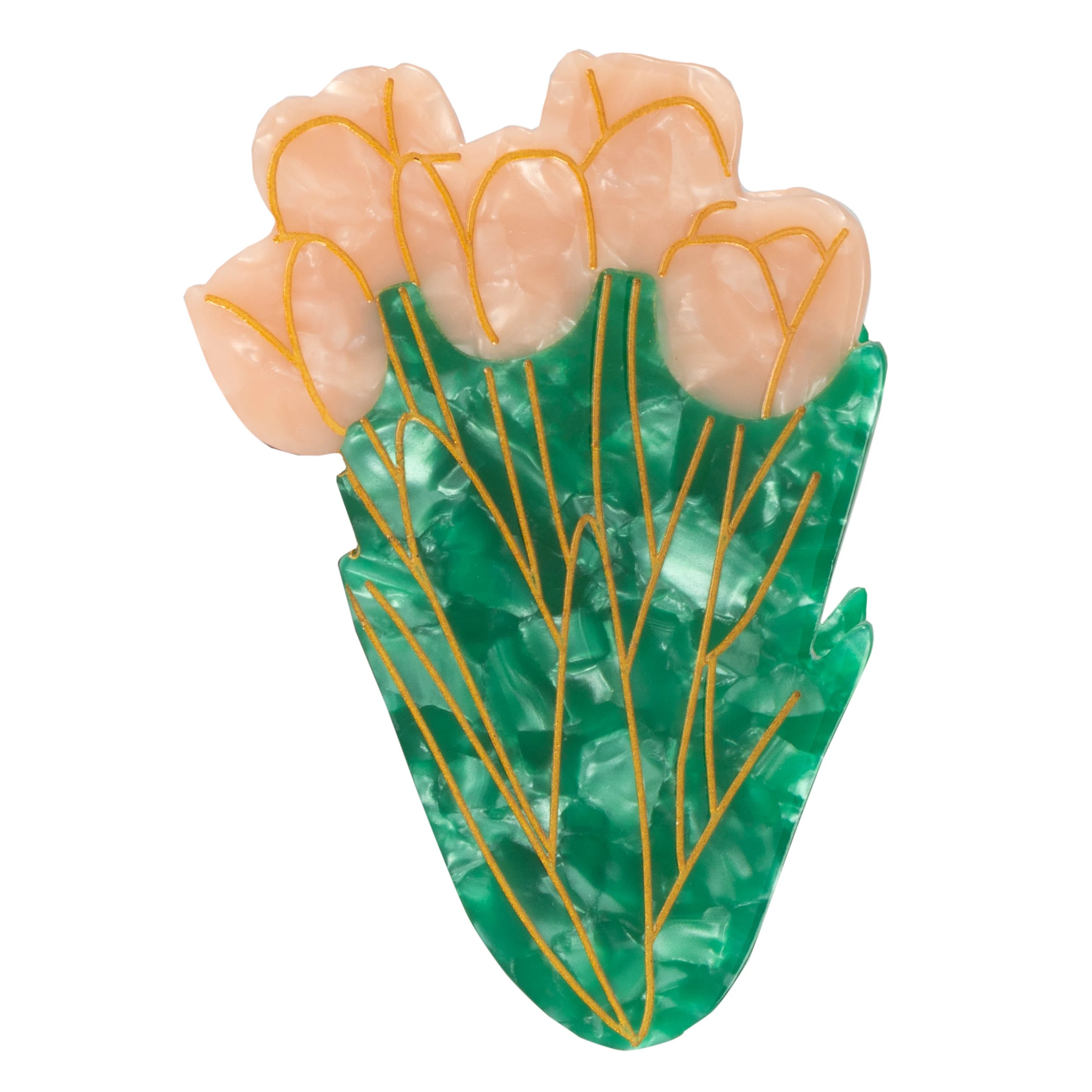 Side view of a Tulips Hair Claw Clip designed as a pink Tulip with green leaves