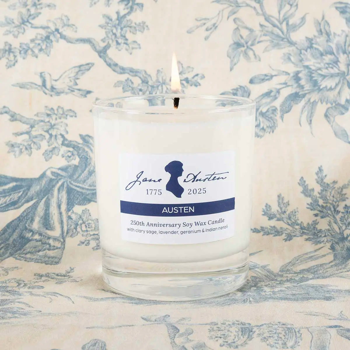 Jane Austen commemorative anniversary candle on a blue and white regency background