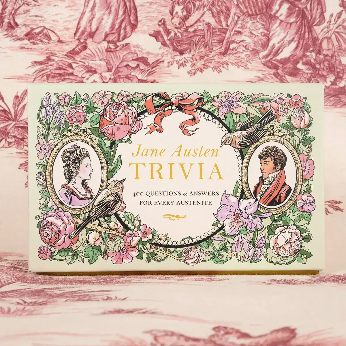 Jane Austen Trivia is decorated with regency illustrations, flowers, birds and ribbons.
