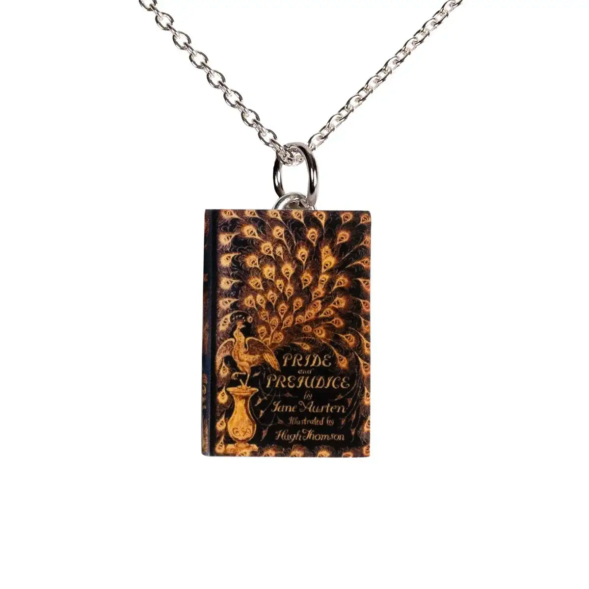 close up of pride and prejudice book page necklace