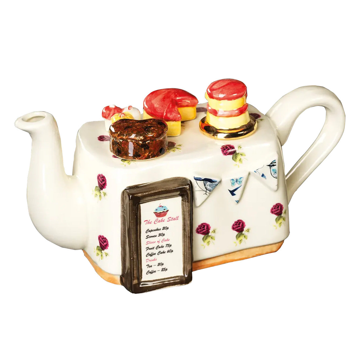 Teapot shaped like a cake stall table