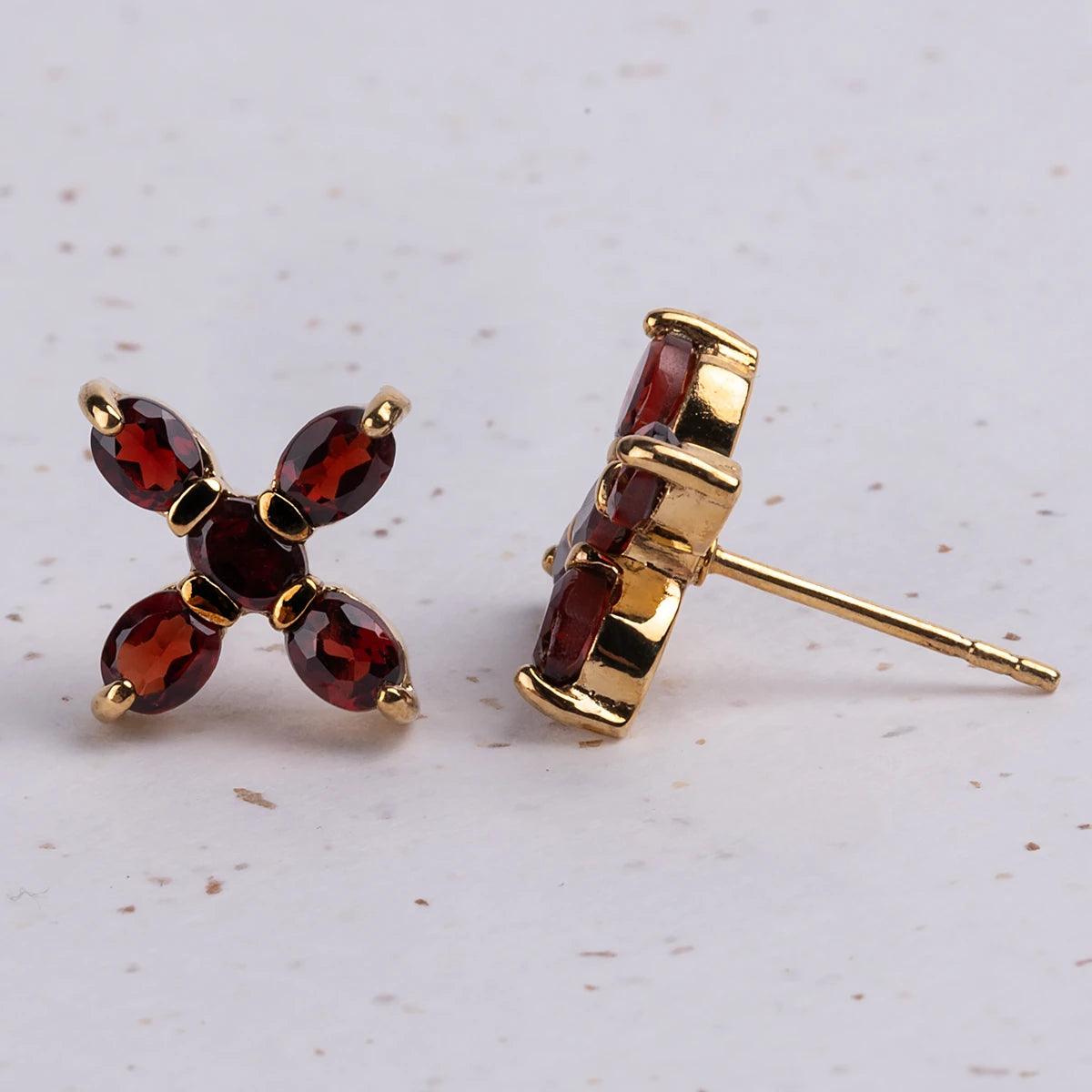 Elizabeth Bennet Garnet and Gold Plated Silver Cross Earrings | Exclusive Collection