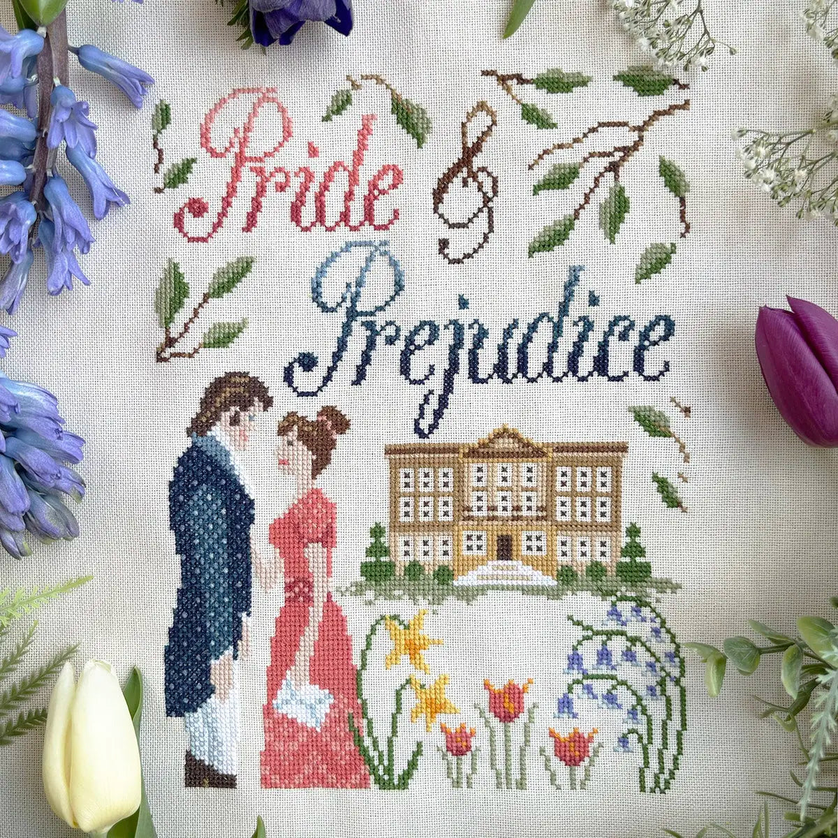 jane austen cross stitch with flowers