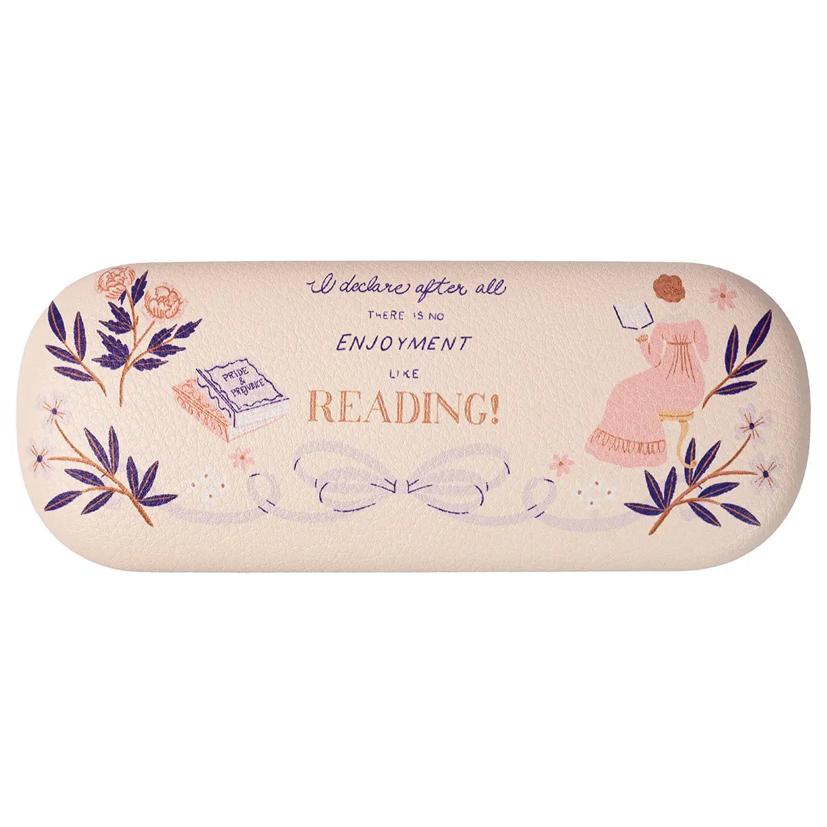 off-white coloured glasses case with illustration and a quote from pride and prejudice
