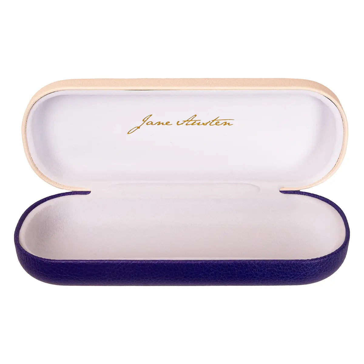 an open glasses case with an off-white or cream lid and a dark blow lower case the inside features a plush white texture and a gold jane austen signature