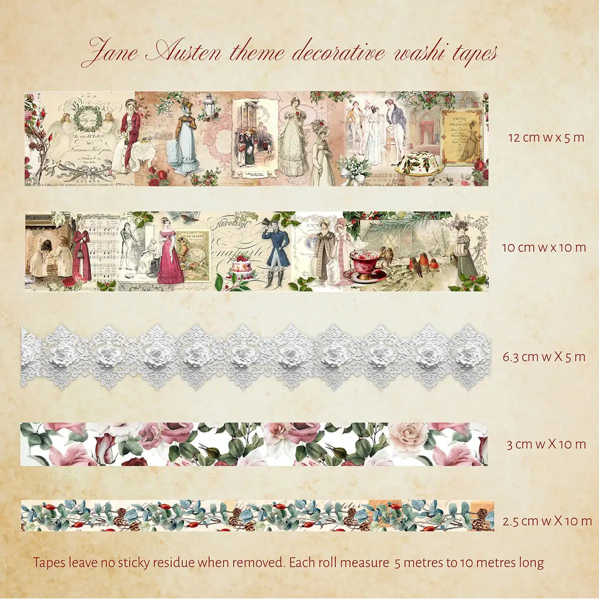 Collection of Jane Austen-themed decorative washi tapes on a beige background