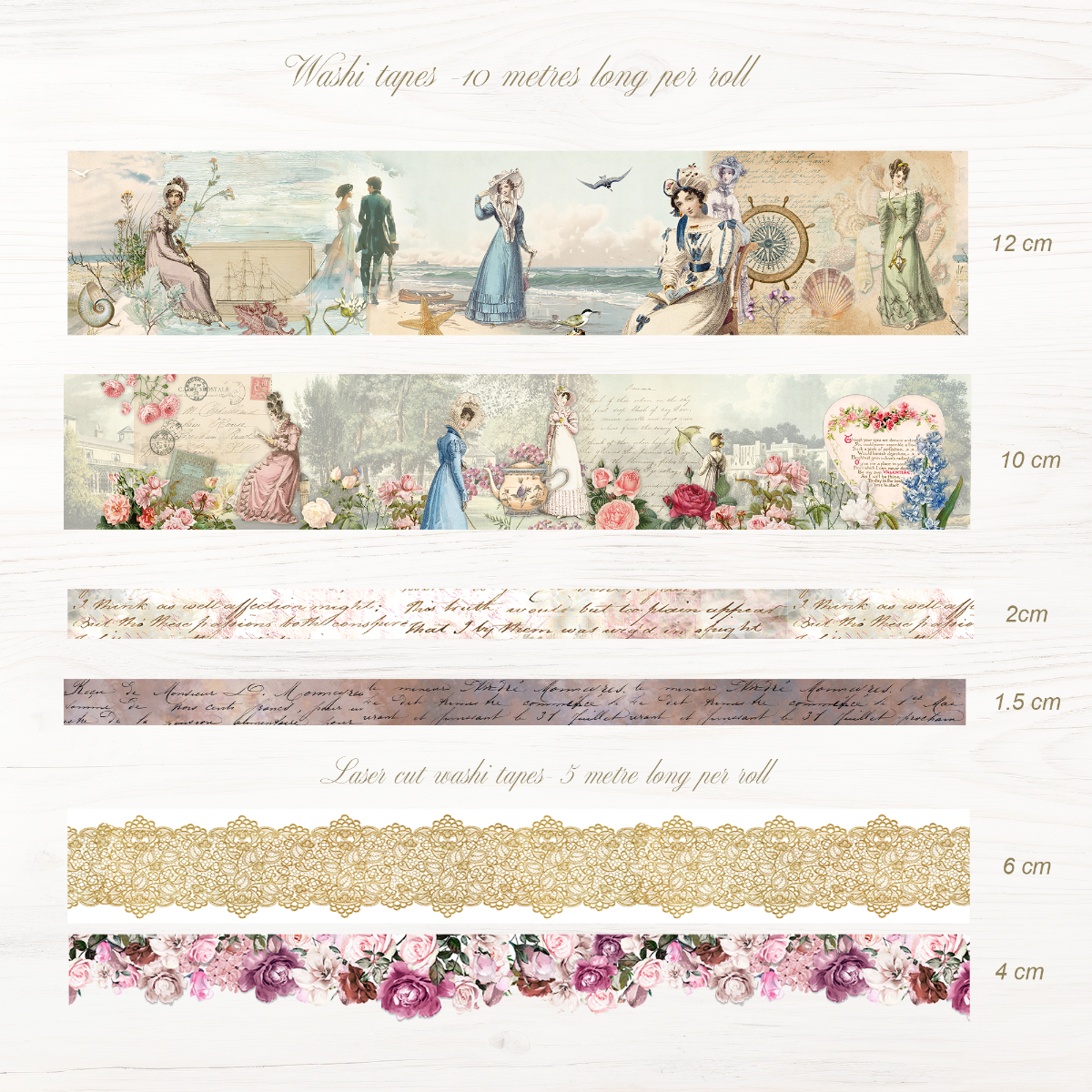 Collection of decorative washi tapes with various designs and measurements on a white background.
