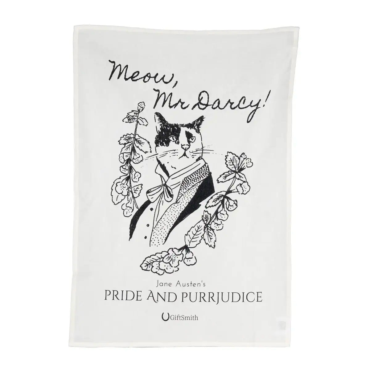 A white cotton tea towel with a black and white illustration of a cat dressed in a Mr. Darcy costume, surrounded by bookish elements, and the text 'Meow, Mr. Darcy!'