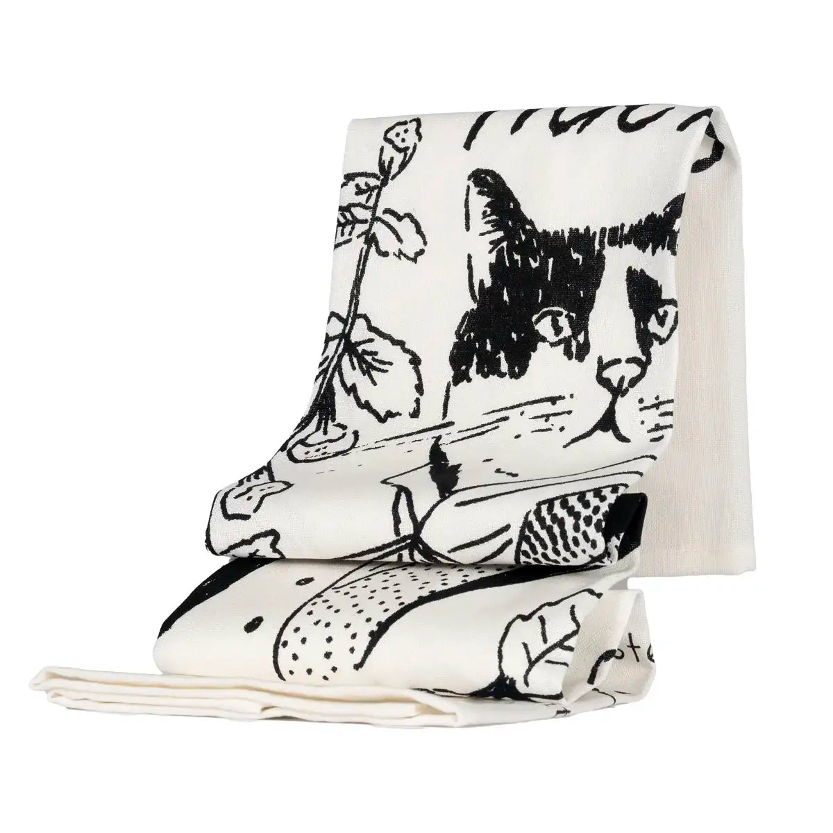 Folded tea towel showing the line drawing face of a cat dressed as Mr Darcy.