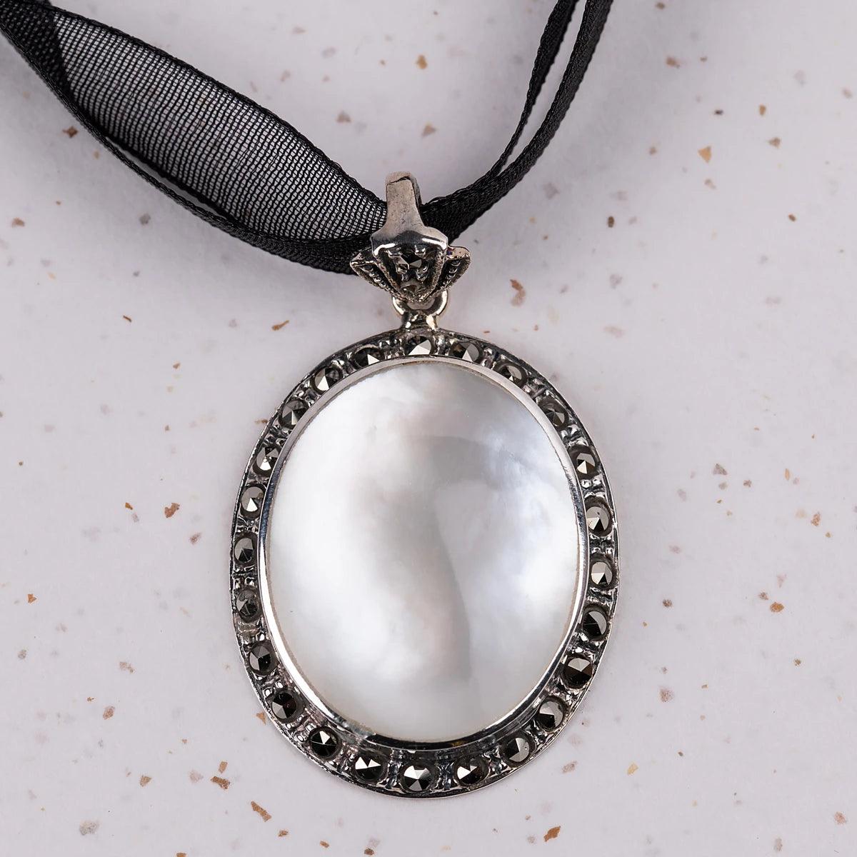 Jane Austen Mother of Pearl, Marcasite and Sterling Silver Persuasion Pendant - JaneAusten.co.uk