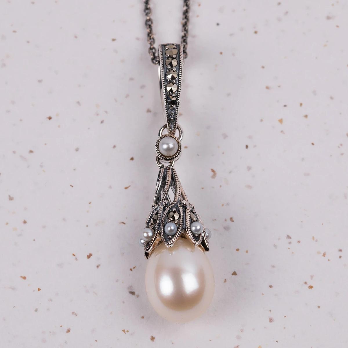 Dashwood Silver, Freshwater Pearl and Marcasite Necklace - JaneAusten.co.uk