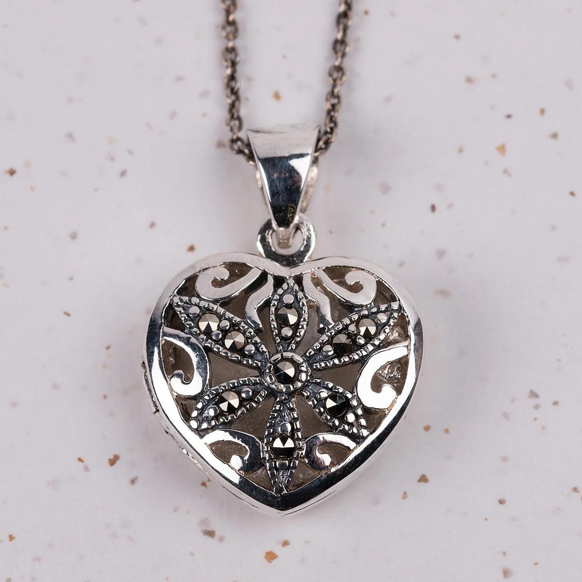 Heart Locket Necklace in Marcasite and Silver - JaneAusten.co.uk