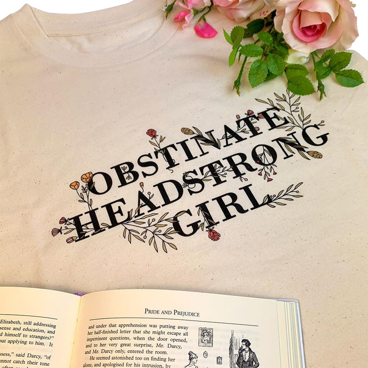 Floral "Obstinate Headstrong Girl" T-Shirt in Speckled Cream