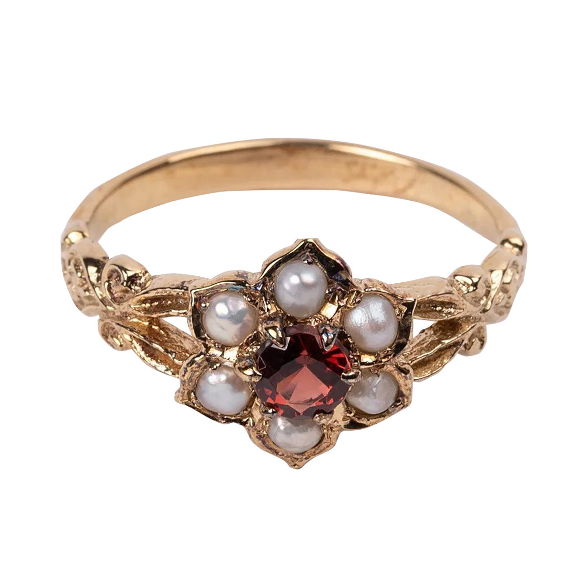 Close Up of Regency Ring with Garnet and Pearl Flower