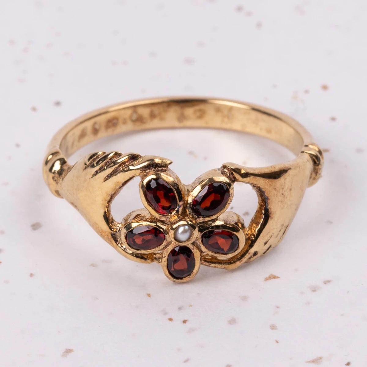 Jane Austen Gold Plated with Garnet and Pearl Regency Ring - JaneAusten.co.uk