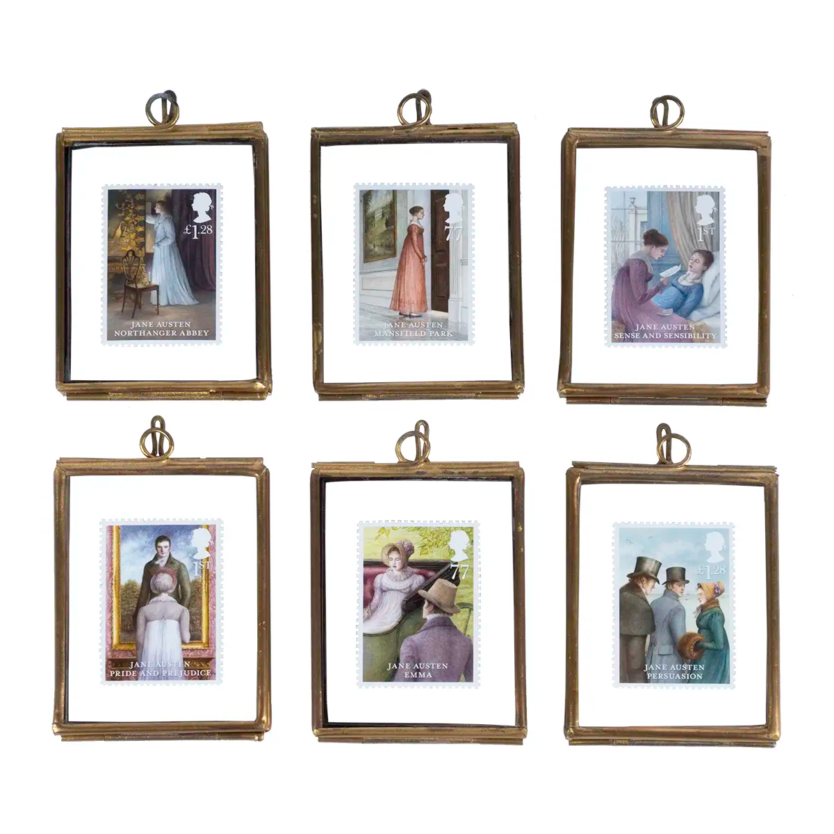 Set of six limited edition commemorative Jane Austen stamps in brass cases