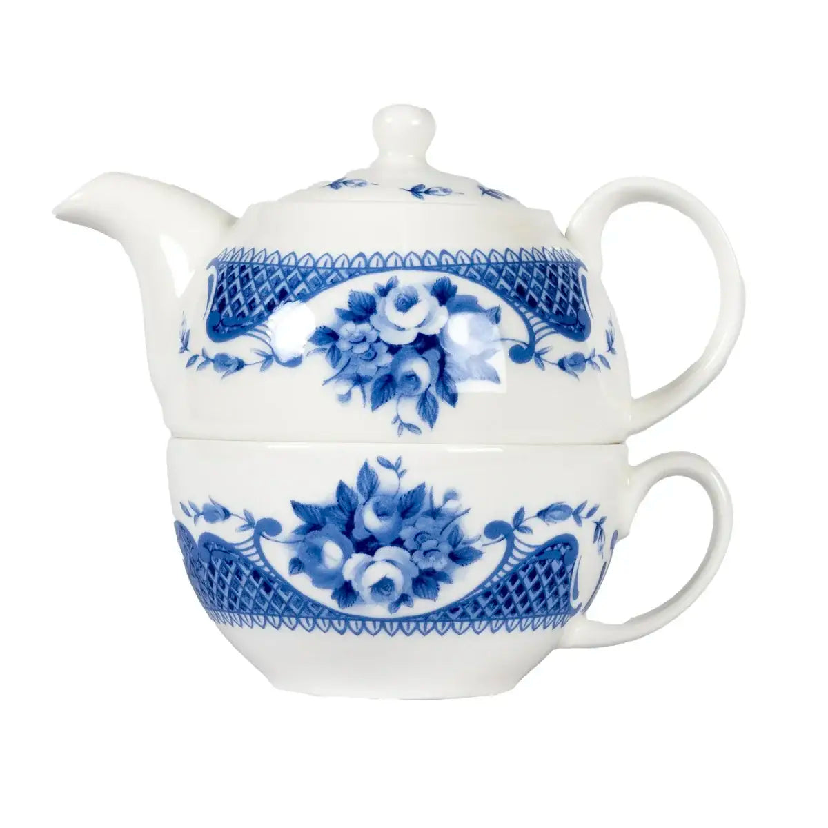 White stacked teapot and cup with blue detailing tea set for one