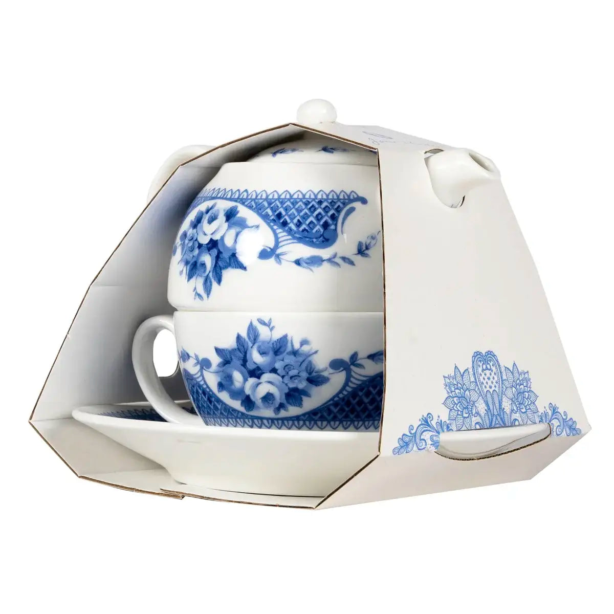 white stacked tea set for one teacup and teapot in cardboard packaging
