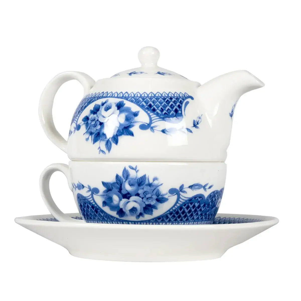 White stacked teapot and cup with blue detailing tea set for one bone china