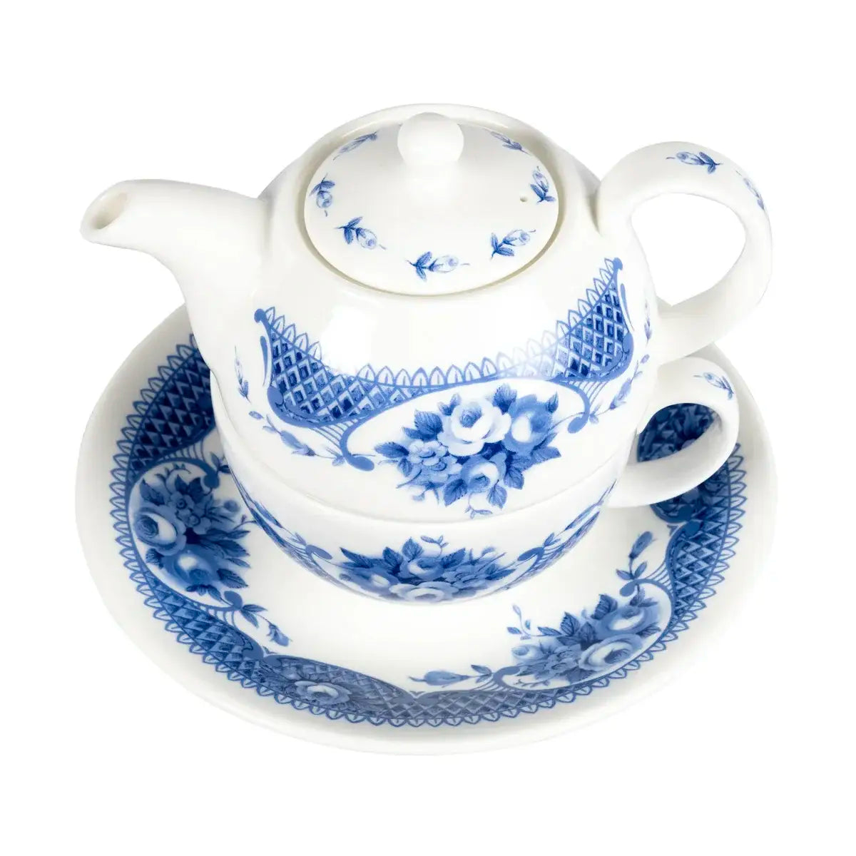 White stacked teapot and cup with blue detailing tea set for one shot from above on saucer against white background bone china