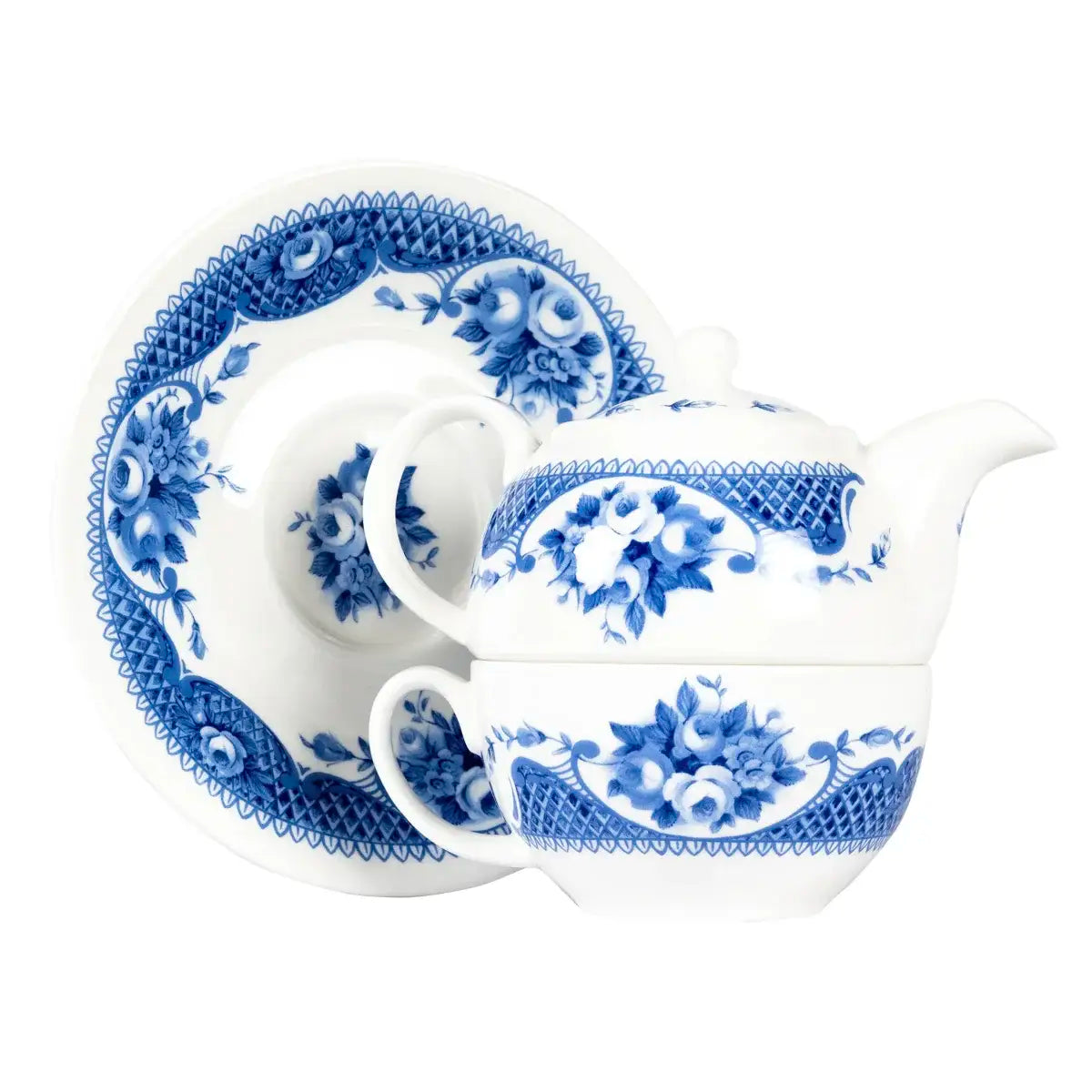 bone china White stacked teapot and cup with blue detailing tea set for one on white background